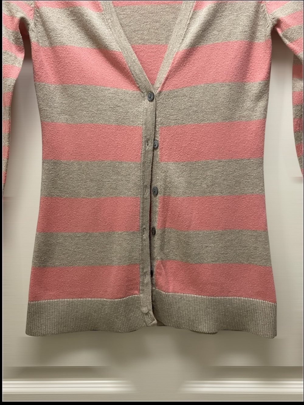 Merona Pink and Gray/Beige Striped V-Neck Button Cardigan - Picture 3 of 12
